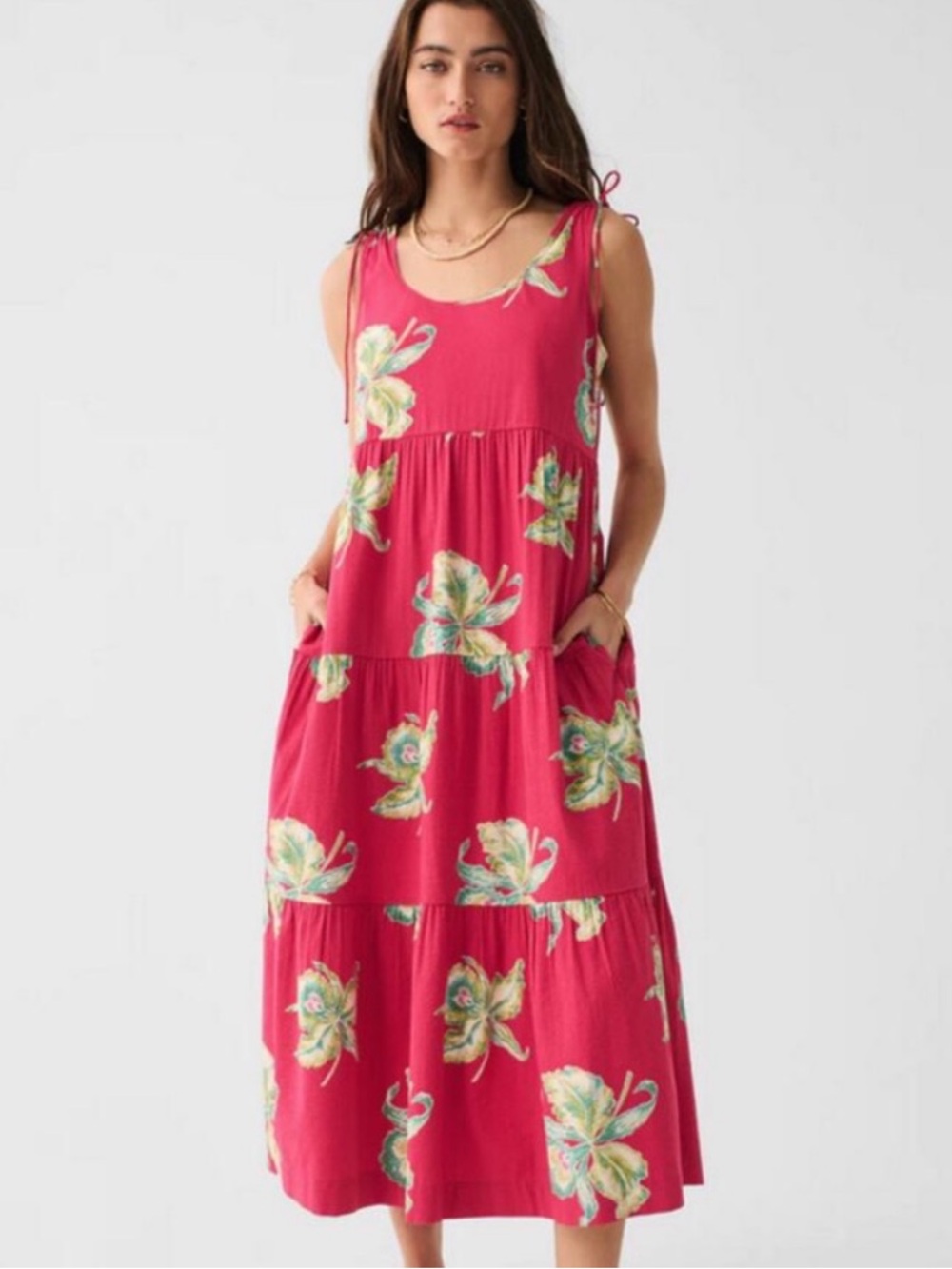 Faherty S Lanai Seersucker Tank Dress Orchid Floral Tiered Midi Organic Cotton